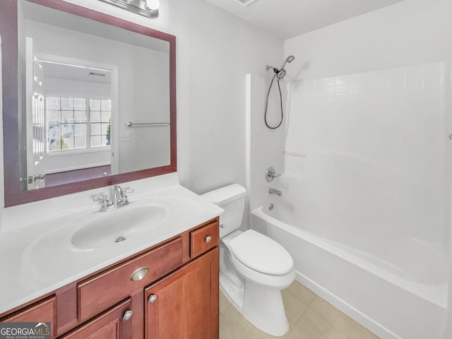 bathroom with visible vents, toilet, shower / bathtub combination, tile patterned floors, and vanity