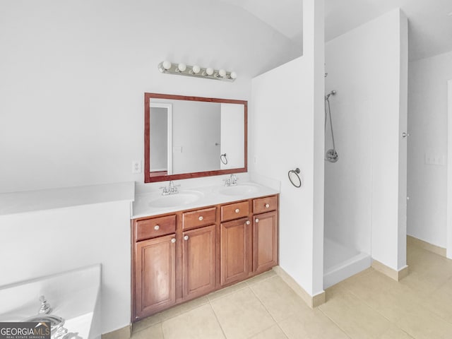 full bathroom featuring double vanity, walk in shower, and a sink