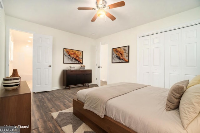 bedroom featuring ceiling fan, a closet, baseboards, and dark wood finished floors