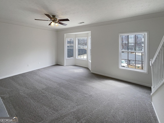 empty room with a healthy amount of sunlight, a textured ceiling, carpet, and ornamental molding