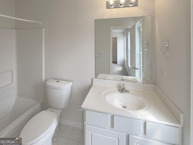 full bath with vanity, baseboards, shower / tub combination, tile patterned floors, and toilet