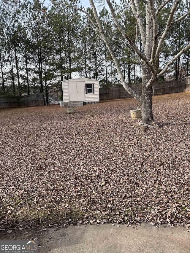 view of yard featuring an outbuilding, a storage unit, and a fenced backyard