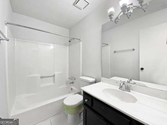 full bath featuring vanity, washtub / shower combination, toilet, tile patterned flooring, and a notable chandelier