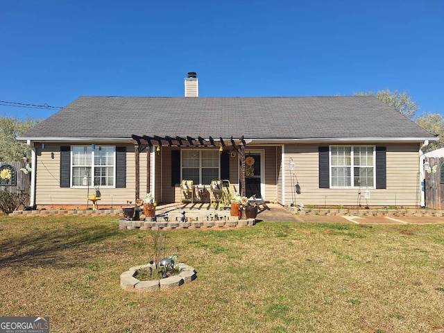 single story home with a front lawn, a chimney, a pergola, and a patio