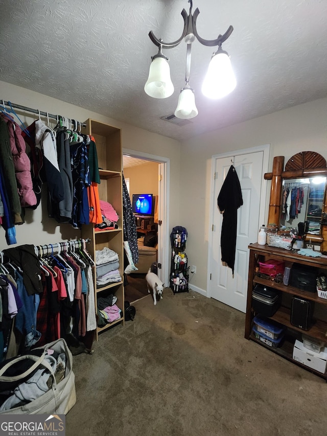 spacious closet featuring visible vents and carpet flooring