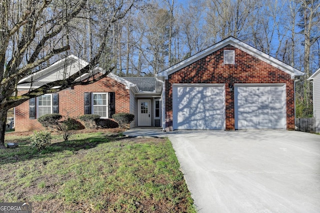 ranch-style home featuring brick siding, concrete driveway, and a garage