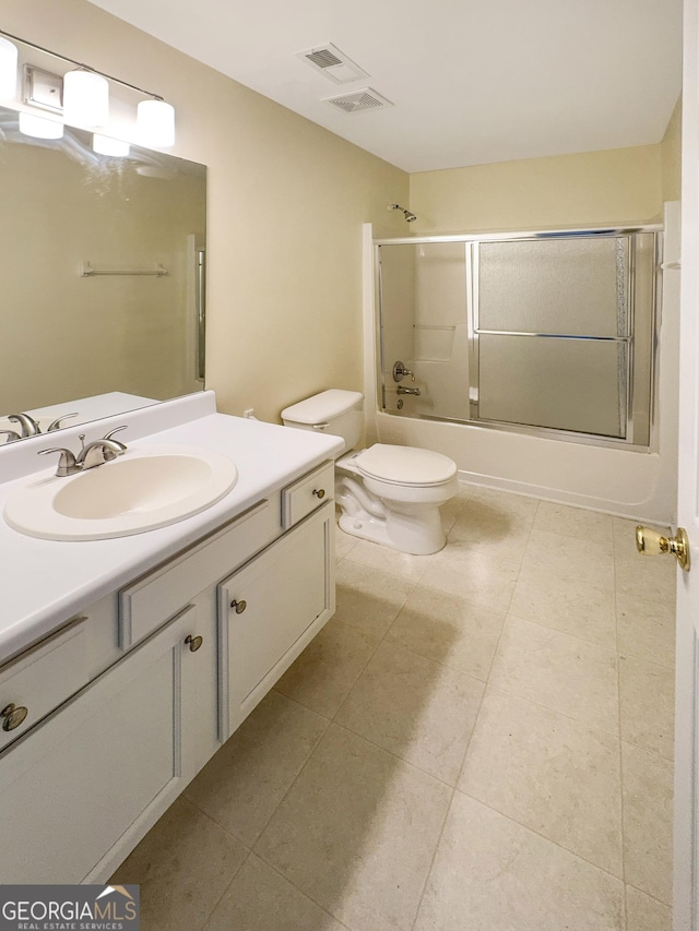 full bath with enclosed tub / shower combo, visible vents, toilet, and vanity