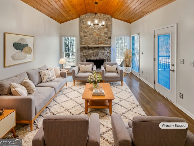 living room with a chandelier, wood ceiling, lofted ceiling, and wood finished floors