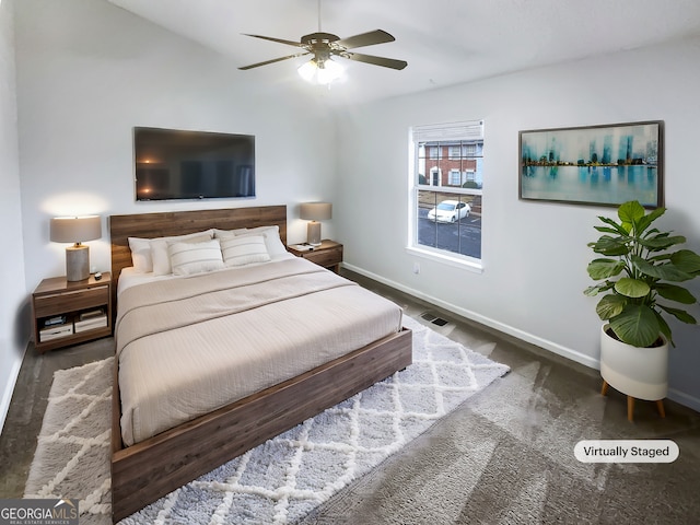 bedroom with visible vents, ceiling fan, and baseboards