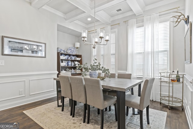 dining space with beamed ceiling, visible vents, dark wood-type flooring, a wainscoted wall, and a chandelier