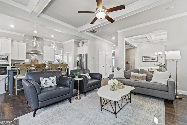 living room featuring beamed ceiling, baseboards, visible vents, and dark wood-style flooring