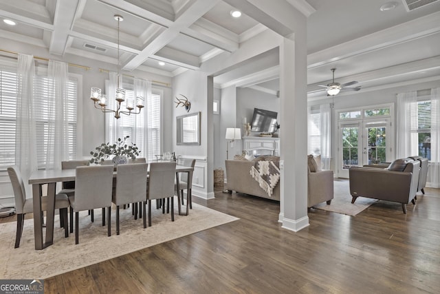 dining area featuring beam ceiling, visible vents, coffered ceiling, and dark wood-type flooring