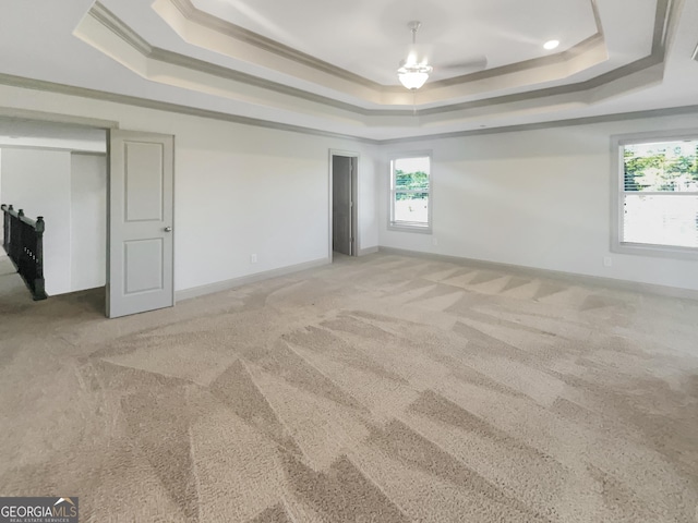 unfurnished bedroom with a raised ceiling, light colored carpet, and ornamental molding