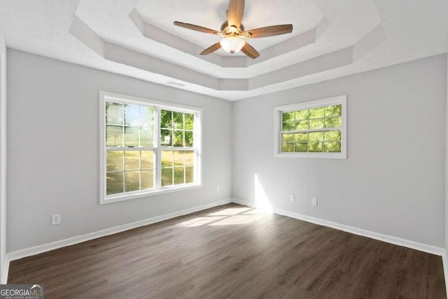 empty room featuring a raised ceiling, plenty of natural light, and dark wood-type flooring