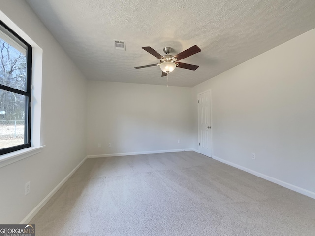 spare room featuring visible vents, plenty of natural light, carpet, and a textured ceiling