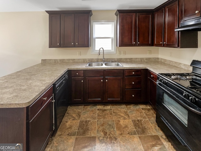 kitchen with a peninsula, a sink, black appliances, dark brown cabinetry, and under cabinet range hood