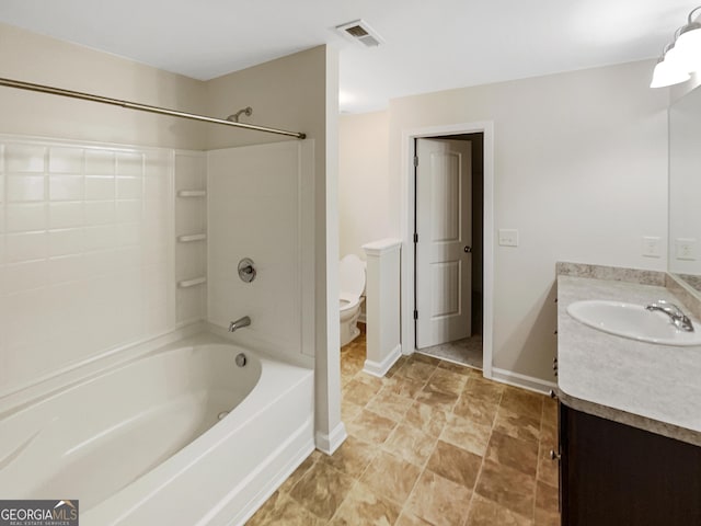 bathroom with vanity, visible vents, baseboards, bathtub / shower combination, and toilet