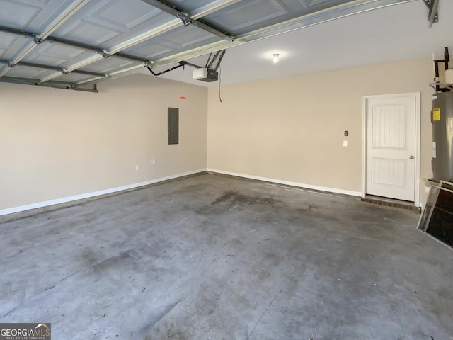 garage featuring electric panel, a garage door opener, and baseboards