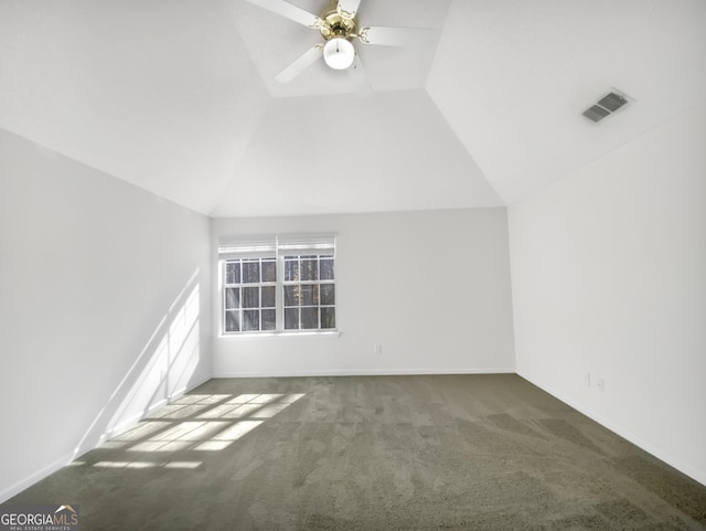 bonus room with visible vents, baseboards, vaulted ceiling, carpet floors, and a ceiling fan