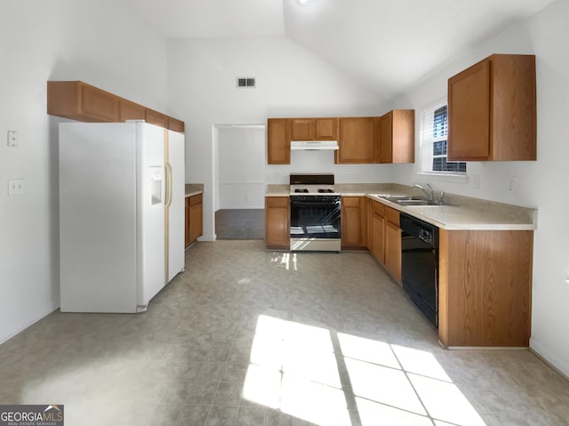 kitchen with visible vents, a sink, black dishwasher, white refrigerator with ice dispenser, and gas range oven