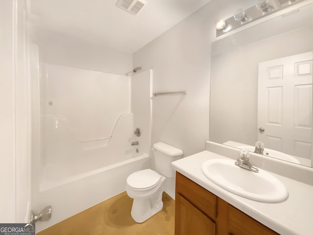 bathroom featuring visible vents, toilet, bathtub / shower combination, and vanity