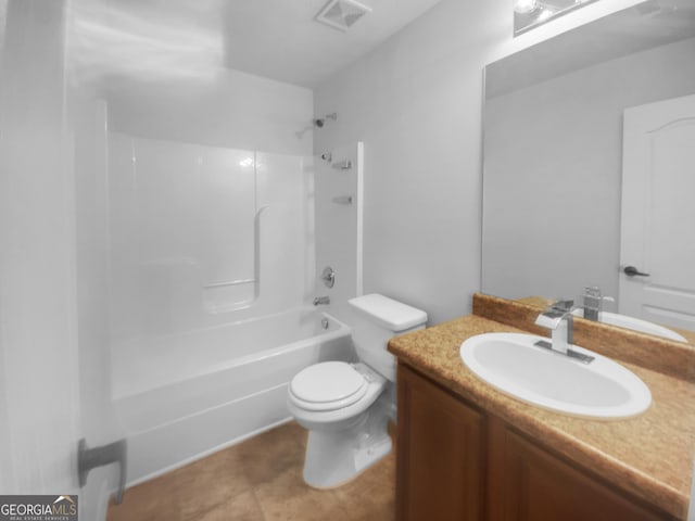 bathroom with vanity, visible vents, tile patterned flooring, bathing tub / shower combination, and toilet