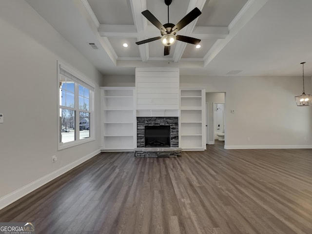 unfurnished living room featuring visible vents, baseboards, beamed ceiling, coffered ceiling, and dark wood-style flooring