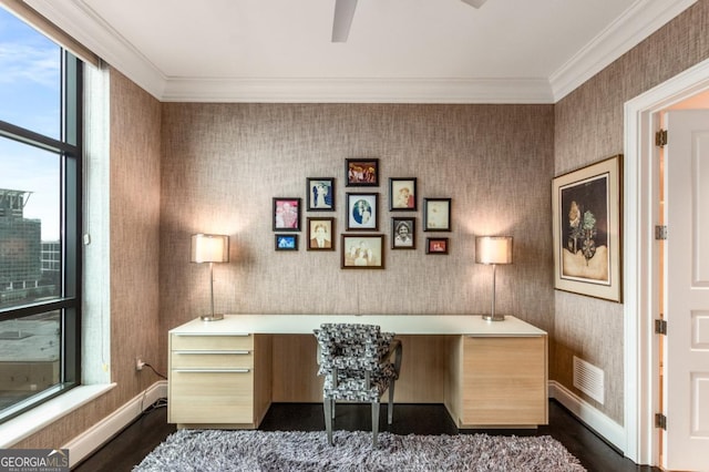 office area featuring visible vents, baseboards, dark wood-type flooring, and wallpapered walls