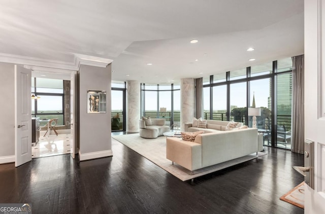 living area featuring wood finished floors, baseboards, recessed lighting, ornamental molding, and expansive windows