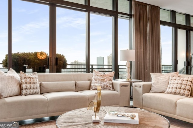 living area with expansive windows and wood finished floors