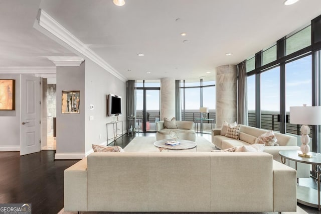 living room with dark wood finished floors, ornamental molding, baseboards, and expansive windows