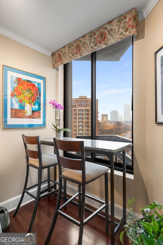 dining room with baseboards, a view of city, wood finished floors, and crown molding