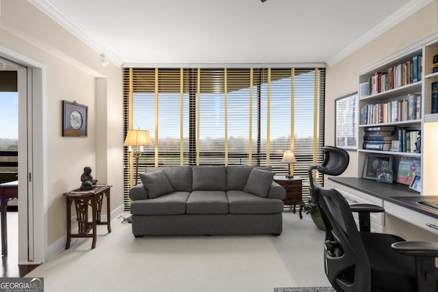2660 Peachtree Rd NW Unit 14D, Atlanta, GA 30305 - carpeted living area featuring crown molding, a desk, and baseboards