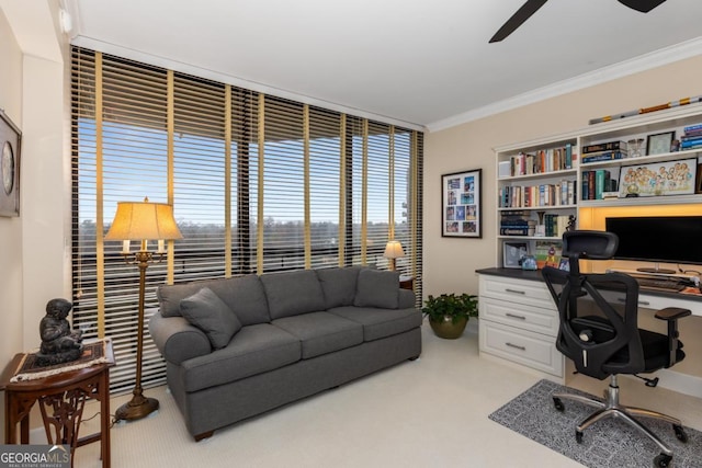 2660 Peachtree Rd NW Unit 14D, Atlanta, GA 30305 - office with crown molding, a ceiling fan, and light colored carpet