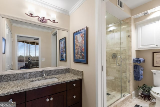 2660 Peachtree Rd NW Unit 14D, Atlanta, GA 30305 - ensuite bathroom with toilet, vanity, a shower stall, and ornamental molding