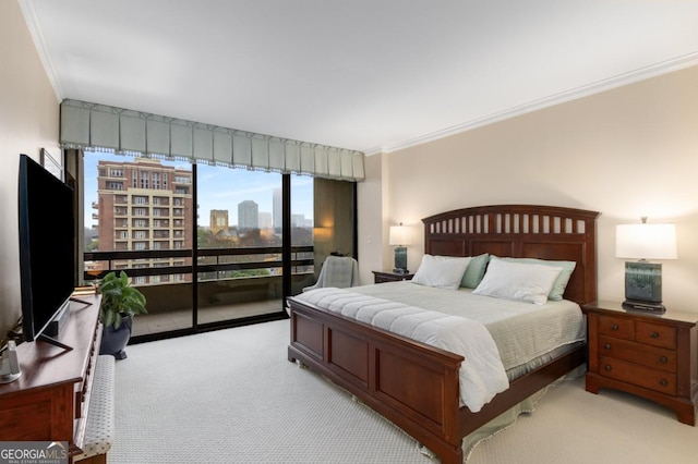 carpeted bedroom with a city view, access to outside, and ornamental molding