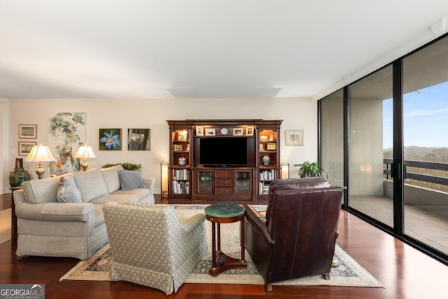 living room featuring floor to ceiling windows and wood finished floors