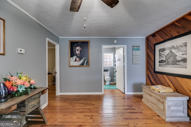 hallway featuring a textured ceiling, light wood-type flooring, baseboards, and ornamental molding