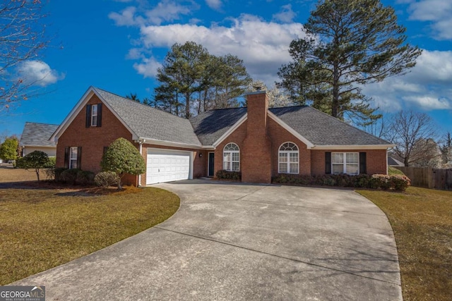 view of front of house featuring a front lawn, brick siding, a chimney, and fence