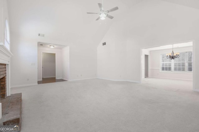 unfurnished living room featuring baseboards, high vaulted ceiling, a fireplace, light carpet, and ceiling fan with notable chandelier