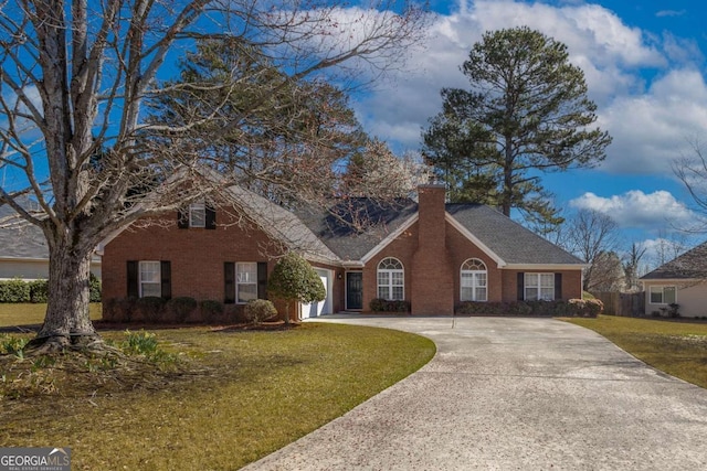 view of front of house featuring brick siding, an attached garage, a front lawn, a chimney, and driveway