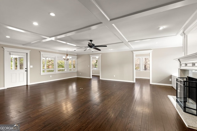 unfurnished living room with dark wood-style floors, baseboards, coffered ceiling, a high end fireplace, and crown molding