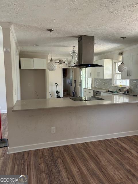 kitchen featuring dark wood-style floors, white cabinetry, black electric stovetop, exhaust hood, and backsplash