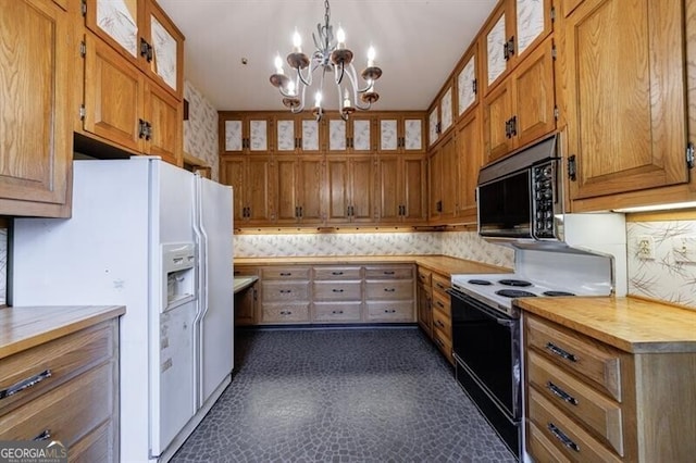 kitchen with glass insert cabinets, brown cabinetry, white refrigerator with ice dispenser, and electric stove