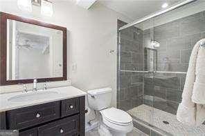 bathroom with a stall shower, toilet, and vanity