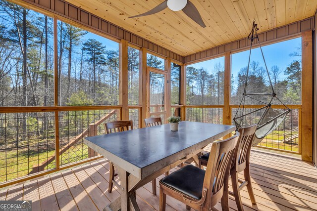 sunroom / solarium with a wealth of natural light, wood ceiling, and ceiling fan