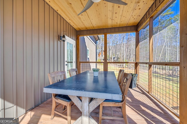 sunroom featuring wood ceiling and ceiling fan