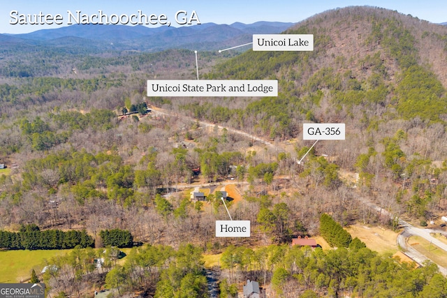 aerial view featuring a mountain view and a view of trees