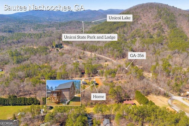 aerial view with a wooded view and a mountain view