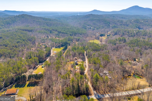 birds eye view of property featuring a mountain view and a wooded view